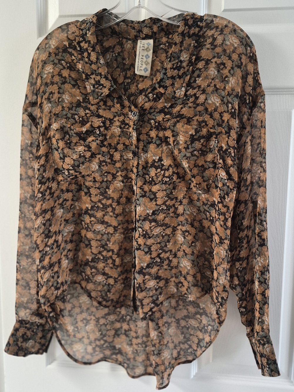 Free People Brown Floral Sheer Button-Up Blouse XS